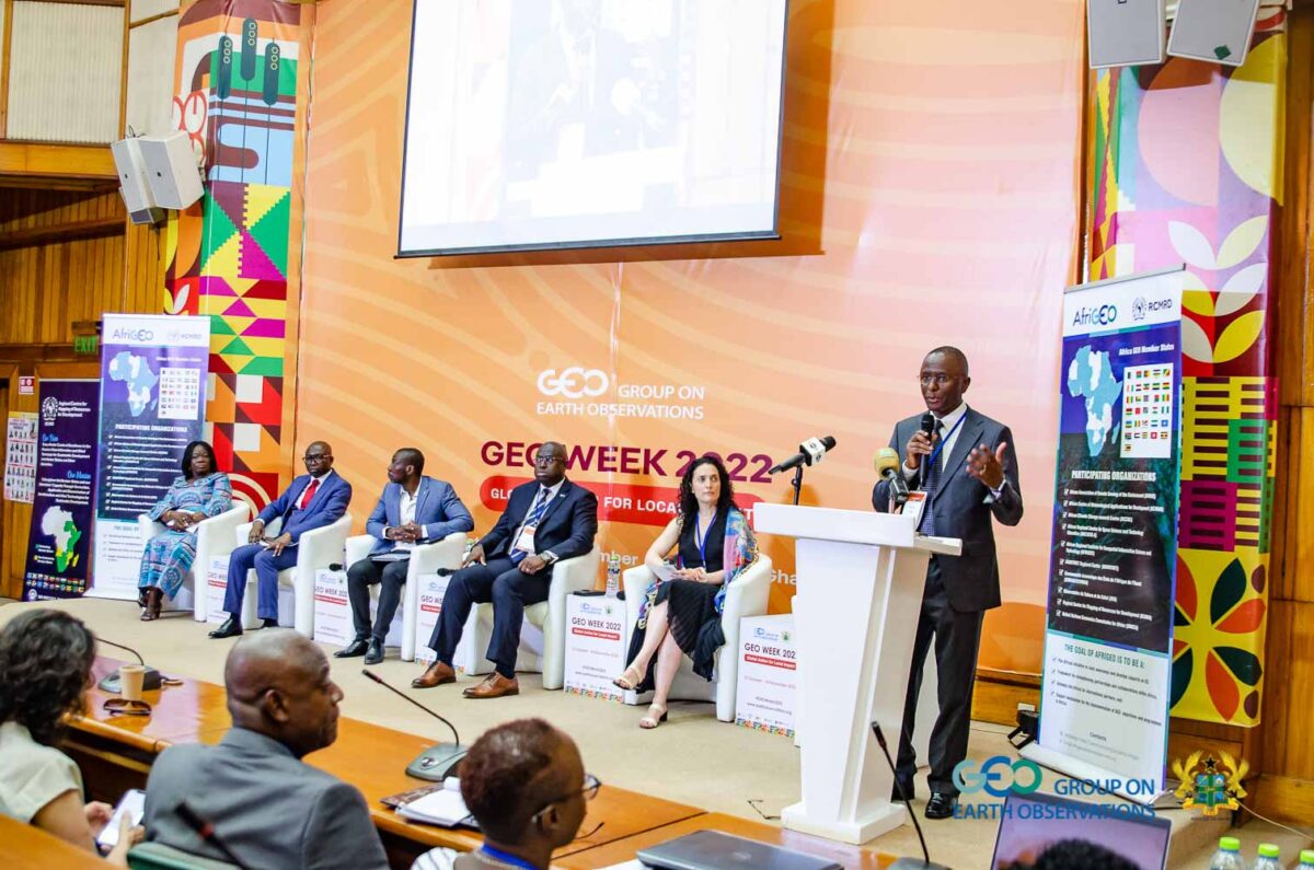 Dr. Robinson Mugo giving remarks on behalf of the Director General of RCMRD, Dr. Emmanuel Nkurunziza, which hosts the AFRIGEO Secretariat at the Opening Ceremony of 6th AFRIGEO. PHOTO/GEO.