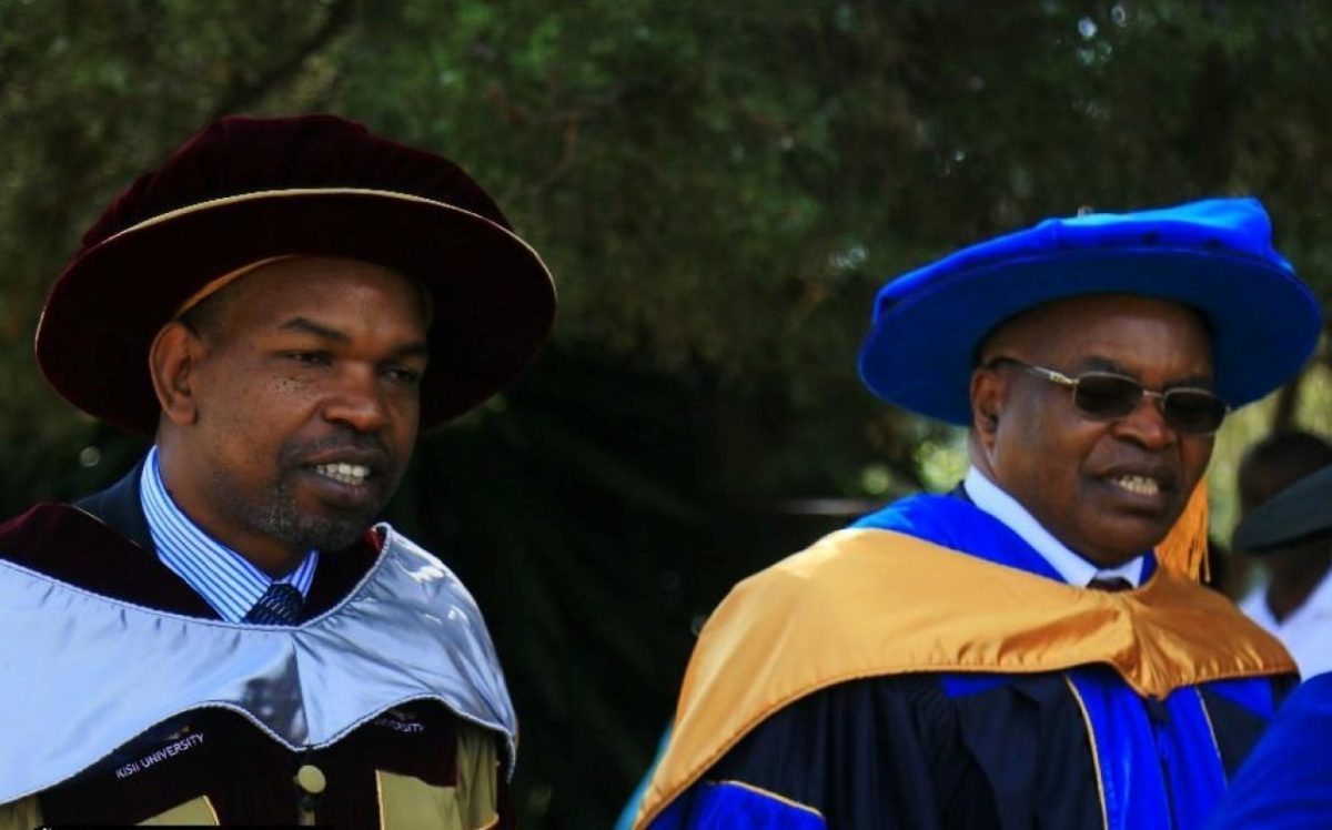 From lefr: Dr. Bob Ndubi, the Kisii University Chancellor and Prof. John Akama, the Kisii University Vice Chancellor. PHOTO/KSU Media Team.