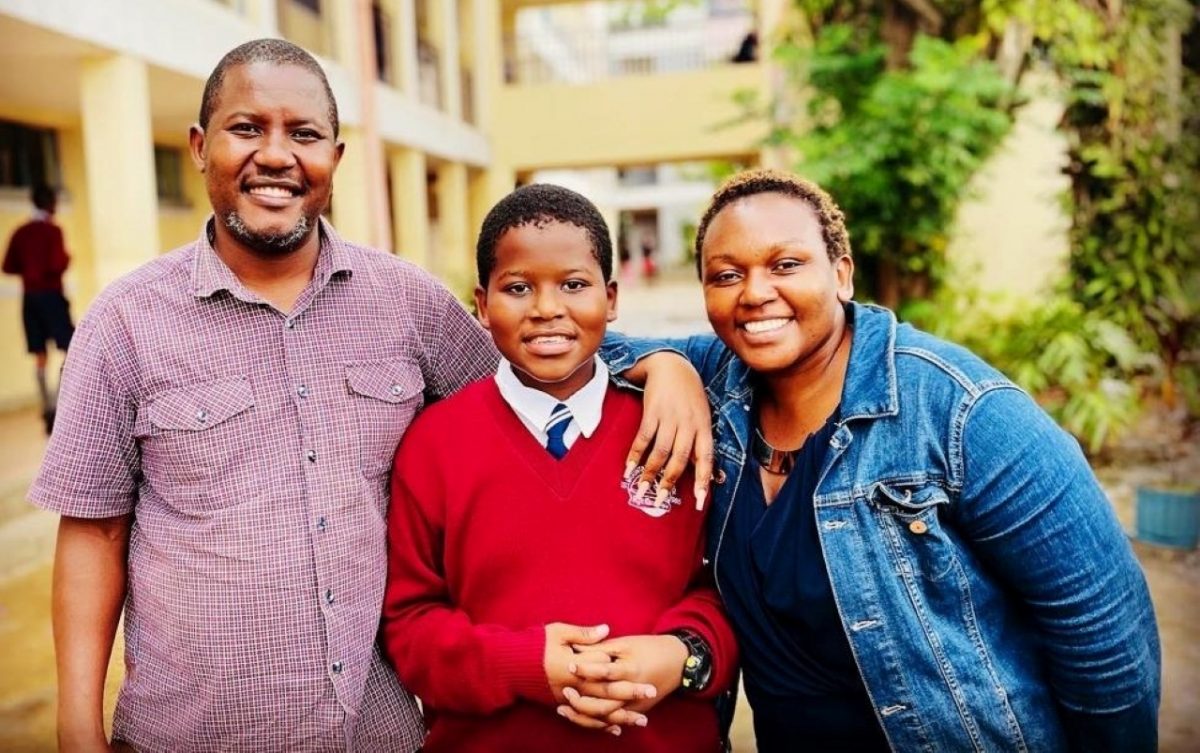 Doubar with his parents, Mr. Stephen Orina and Edinah Nyaboke, after going to pick him up after the KCPE exams. They had supported him throughout the journey. PHOTO/Courtesy.