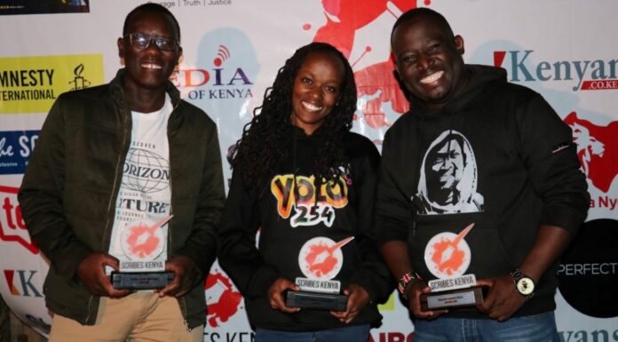 Journalists hang by a thread amid lay-offs, appeal for government intervention Scribe of the Year Award winner Eliud Kibii of The Star Newspaper, Most Promising Scribe winner Faith Sudi, Scribe President Roncliffe Odit of BBC Africa with their trophies during the Scribes Kenya end-of-the-year party held in Nairobi on December 3, 2022. PHOTO/Anne Macharia, The Scribes.
