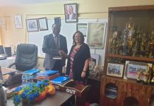 Dr. Beverly Durgan, the Dean of Extension at the University of Minnesota, with Prof. John Akama, Kisii University Vice Chancellor, during a courtesy call to the VC upon arrival on January 23, 2023, ahead of the one-week tour to Kisii and surrounding counties. PHOTO/Courtesy.