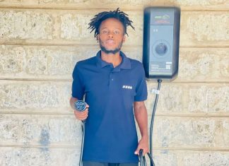 GGFI: Accelerating e-mobility vision through awareness, innovation GGFI founder, Ratemo Mabeya, holding the EV charging infrastructure they have developed for use at GGFI. PHOTO/GGFI.