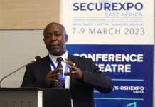 Lt. Col. (Rtd) Mathews Waria, Director Sentinel Protection Services Ltd giving a speech during Securexpo East Africa conference at Sarit Center, Nairobi, on March 7-9, 2023. PHOTO/Securexpo.