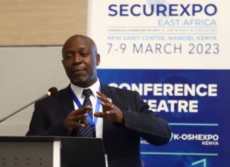 Security conference calls for cybercrime prevention Lt. Col. (Rtd) Mathews Waria, Director Sentinel Protection Services Ltd giving a speech during Securexpo East Africa conference at Sarit Center, Nairobi, on March 7-9, 2023. PHOTO/Securexpo.