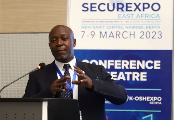 Lt. Col. (Rtd) Mathews Waria, Director Sentinel Protection Services Ltd giving a speech during Securexpo East Africa conference at Sarit Center, Nairobi, on March 7-9, 2023. PHOTO/Securexpo.