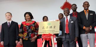 State House Girls’ Confucius Classroom to fix Mandarin demand Left: Mr. Zhao Xiyuan, chargé d'affaires at the Chinese Embassy in Kenya, Mrs. Evelyn Nabukwesi, Chief Principal, State House Girls High School, Prof. Julius Ogeng’o, Deputy Vice Chancellor, Academic Affairs at UoN and other guests pose for a group photo during the launch of Confucius Classroom on March 15, 2023 at State House Girls High School. PHOTO/Tebby Otieno, Scholar Media Africa.