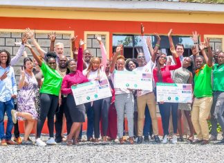 Training and grants, a boost to youths combating climate change Young people having a joyful moment after training and awarding of grants. The event was courtesy of 10 Billion Strong, Wise Kenya and Green Kenya. PHOTO/WISE Kenya.