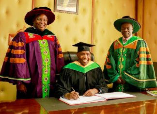 Double joy as Meru University celebrates tenth anniversary, graduation Left: Meru University of Science and Technology Chancellor, Dr. James Mwangi, Education Cabinet Secretary, Ezekiel Machogu and the university's Vice Chancellor, Prof. Romanus Odhiambo during the signing of visitors' book after receiving the CS ahead of the graduation on March 10, 2023. PHOTO/MUST.