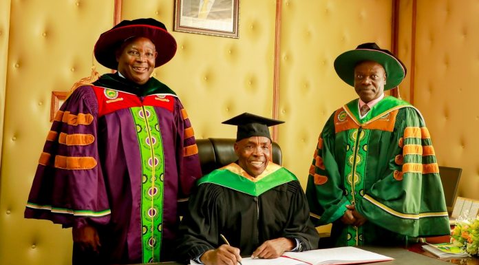 Double joy as Meru University celebrates tenth anniversary, graduation Left: Meru University of Science and Technology Chancellor, Dr. James Mwangi, Education Cabinet Secretary, Ezekiel Machogu and the university's Vice Chancellor, Prof. Romanus Odhiambo during the signing of visitors' book after receiving the CS ahead of the graduation on March 10, 2023. PHOTO/MUST.