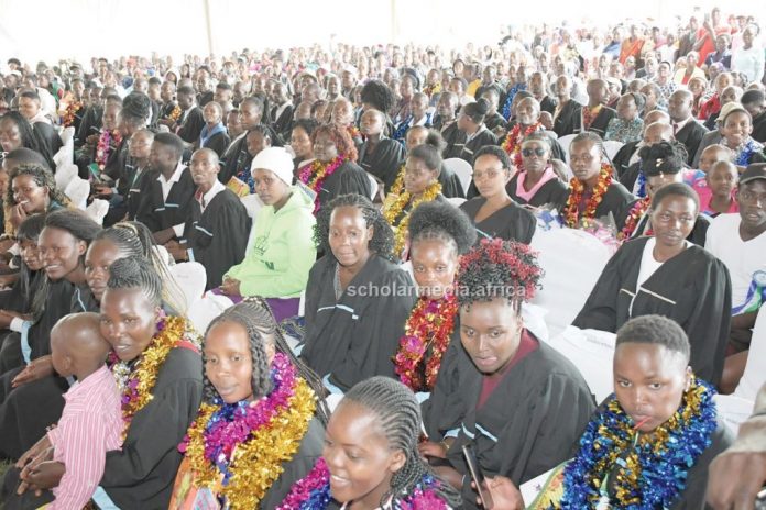 Graduands follow proceedings during their graduation on April 6, 2023, at Ekerubo Gietai TTI, Nyamira County. Over 500 of them graduated. PHOTO/Dan Nyamanga, Scholar Media Africa.