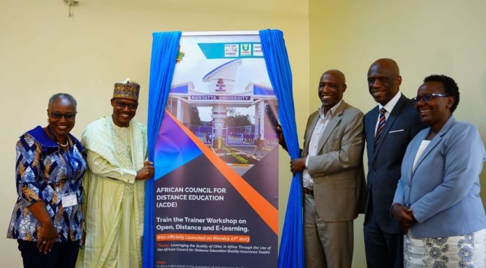African Council for Distance Education holds Quality Assurance Train-the-Trainer Workshop From left: Prof. Christine Ofulue, Director Quality Assurance ACDE; Mr. Chris Maiyaki, Deputy Executive Secretary NUC; Prof. Paul Wainaina, Kenyatta University Vice Chancellor; Dr. George Onyango, Executive Dean Digital School Kenyatta University and Dr. Teresa Mwoma, Executive Director ACDE, happy after the opening of the African Council for Distance Education (ACDE) Train-the-Trainer workshop held at Kenyatta University on March 27-29, 2023. PHOTO/Kenyatta University.