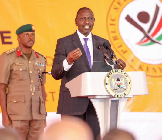 Elbow room for public service interns as president scales up numbers President William Ruto addressing the audience during the public launch of the 2021-2022 report of state of compliance of PSC to constitutional guidelines. PHOTO/Public Service Commission.