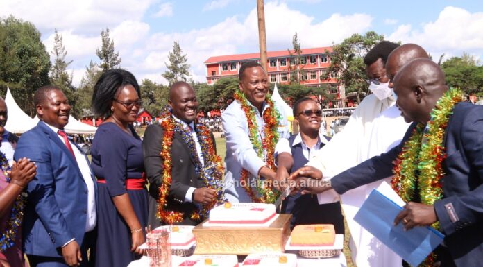 Cardinal Otunga High holds thanksgiving, gears up for position one nationally Invited guests and a section of the school management join Chief Principal Albert Ombiro (right) in cake cutting during thanksgiving on May 26, 2023, at Cardinal Otunga High School grounds. PHOTO/Boaz Khuteka, Scholar Media Africa.
