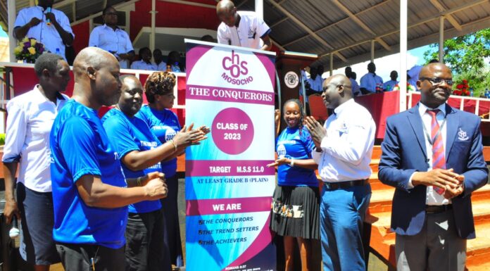 Lofty hopes as Cardinal Otunga High School launches 2023 KCSE target mean Mr. Albert Ombiro (second right), Chief Principal Cardinal Otunga High School Mosocho, Dr. Robert Wafula (second left), Chief Guest, join other guests and stakeholders during the unveiling of 2023 KCSE target mean and revision program on May 12, 2023, at the school's grounds. PHOTO/Courtesy.