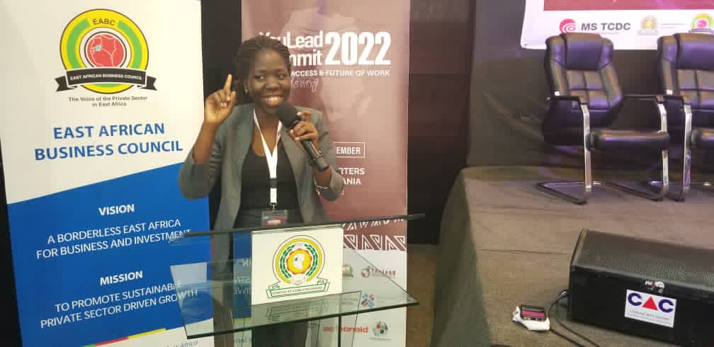 Ms. Akullu gives an ice breaker speech at the YouLead Summit 2022 in Arusha. PHOTO/Courtesy. 
