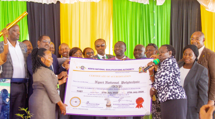 Nyeri National Polytechnic earns accreditation during curriculum launch Nyeri National Polytechnic Chief Principal David Mwangi, Esther Mworia, PS TVETS, representatives from KNQA and other invited guests pose for a photo with the Certificate of Accreditation awarded to the polytechnic during the launch of CBS Curriculum on May 12, 2023. PHOTO/Courtesy.