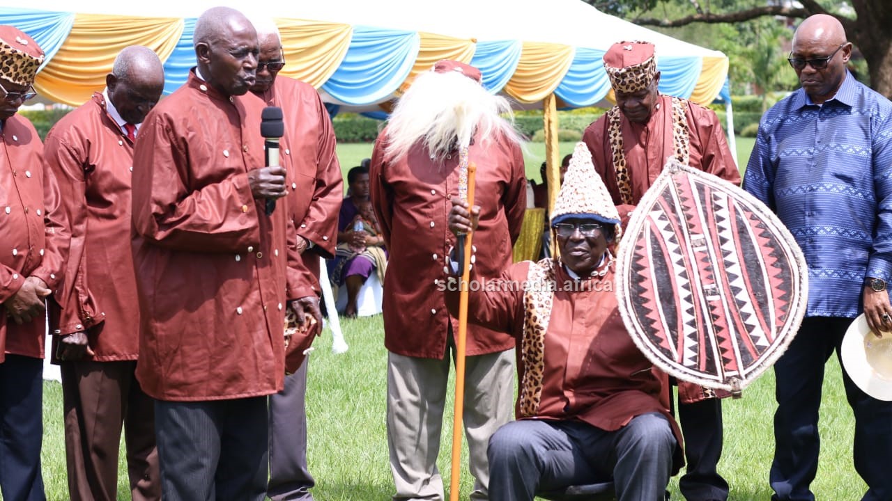 James Ongwae (far right) immediate former governor Kisii County and a Gusii Elder, poses fro a photo with colleague elders ahead of the coronation of Prof. Akama. PHOTO/Josephat Nehemiah, Scholar Media Africa. 