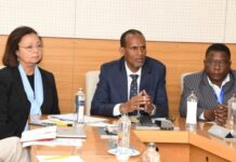 From left Dr. Randa Grob-Zakhary, CEO of Education.org, Elyas Abdi, Director General Ministry of Education, and Kilemi Mwiria, Managing Director Education.org Africa. The three were addressing the media in a launch meeting of the International Working Group in Nairobi. PHOTO/Courtesy.