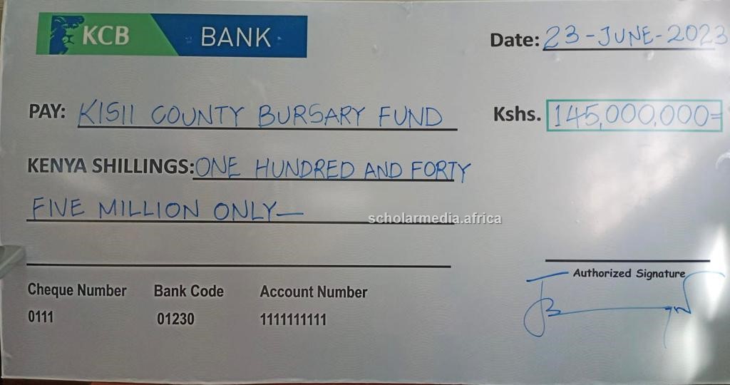 A cheque of KSh145 million. PHOTO/Samuel Okerosi, Scholar Media Africa.  
