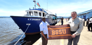 Bowling Green State University’s President visits Kenya to assess project, meet alumni, and strengthen partnerships Prof. Rodney Rogers (R), President of the Bowling Green State University, USA, poses for a photo with Kenya Marine and Fisheries Research Institute (KMFRI) CEO James Njiru (L) in Kisumu on Saturday, May 27, 2023, after he made a historic visit to Kenya. PHOTO/Kefa Otiso.