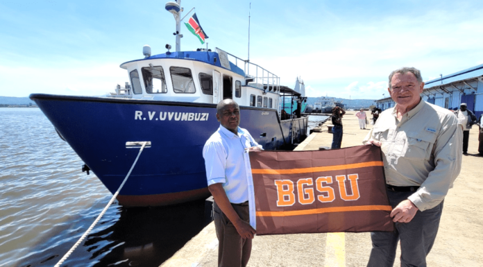 Bowling Green State University’s President visits Kenya to assess project, meet alumni, and strengthen partnerships Prof. Rodney Rogers (R), President of the Bowling Green State University, USA, poses for a photo with Kenya Marine and Fisheries Research Institute (KMFRI) CEO James Njiru (L) in Kisumu on Saturday, May 27, 2023, after he made a historic visit to Kenya. PHOTO/Kefa Otiso.
