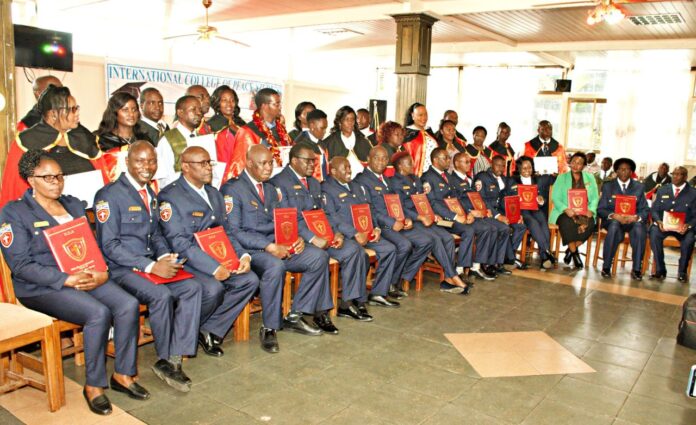 International College of Peace Studies graduands pose for a photo during their graduation ceremony on July 5, 2023, in Karen, Nairobi. The institution offers courses aimed at infusing peace, humanitarian diplomacy, diplomatic etiquette and other related skills and knowledge to the learners. PHOTO/ICPS.