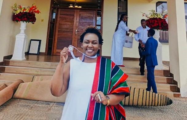 Edinah Kangwana MBS, MHC, showcasing her Heroes Award medal conferred to her by President William Ruto during the 60th Mashujaa Day celebrations at Kericho County on October 20, 2023. She was honored under the Human Rights category. PHOTO/Courtesy.