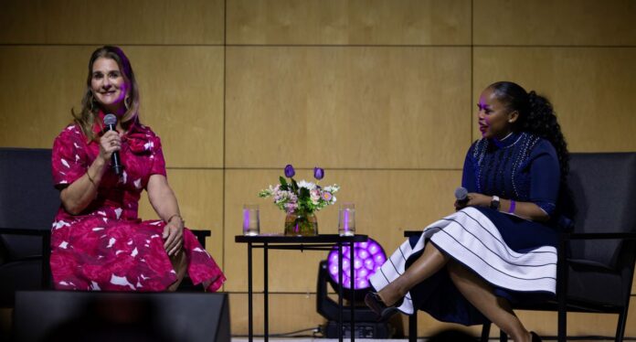 Melinda French Gates (left), philanthropist, global advocate for women and girls and co-founder of Bill and Melinda Gates Foundation and Nozipho Tshabalala, (right) CEO of Conversation Strategists and Global moderator during the 13th Desmond Tutu Peace Conferences. PHOTO/DTLF.