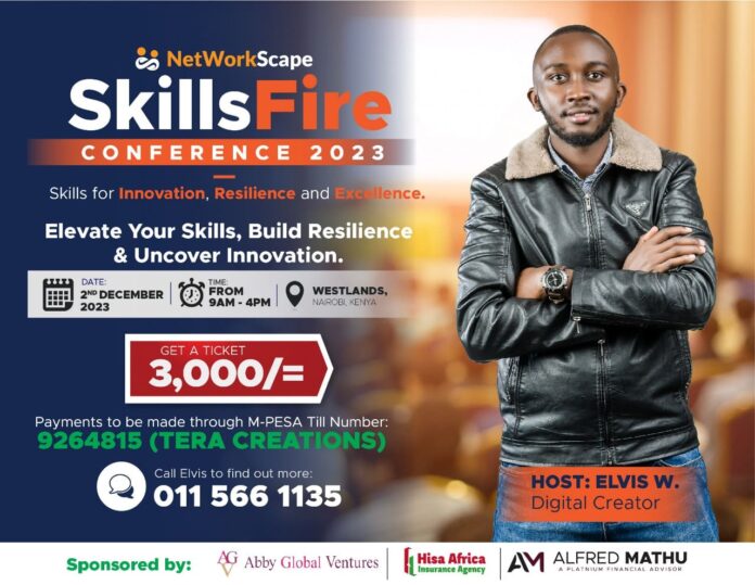 An e-poster of the coming SkillsFire Conference 2023 on December 2, hosted by Elvis Warutumo, a digital creator. The conference will provide skills and a networking platform for aspiring entrepreneurs and young people. E-POSTER/Elvis Warutumo.