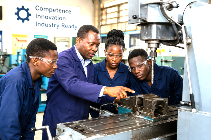 Students and an instructor engage in practical technical training at a workshop facility.